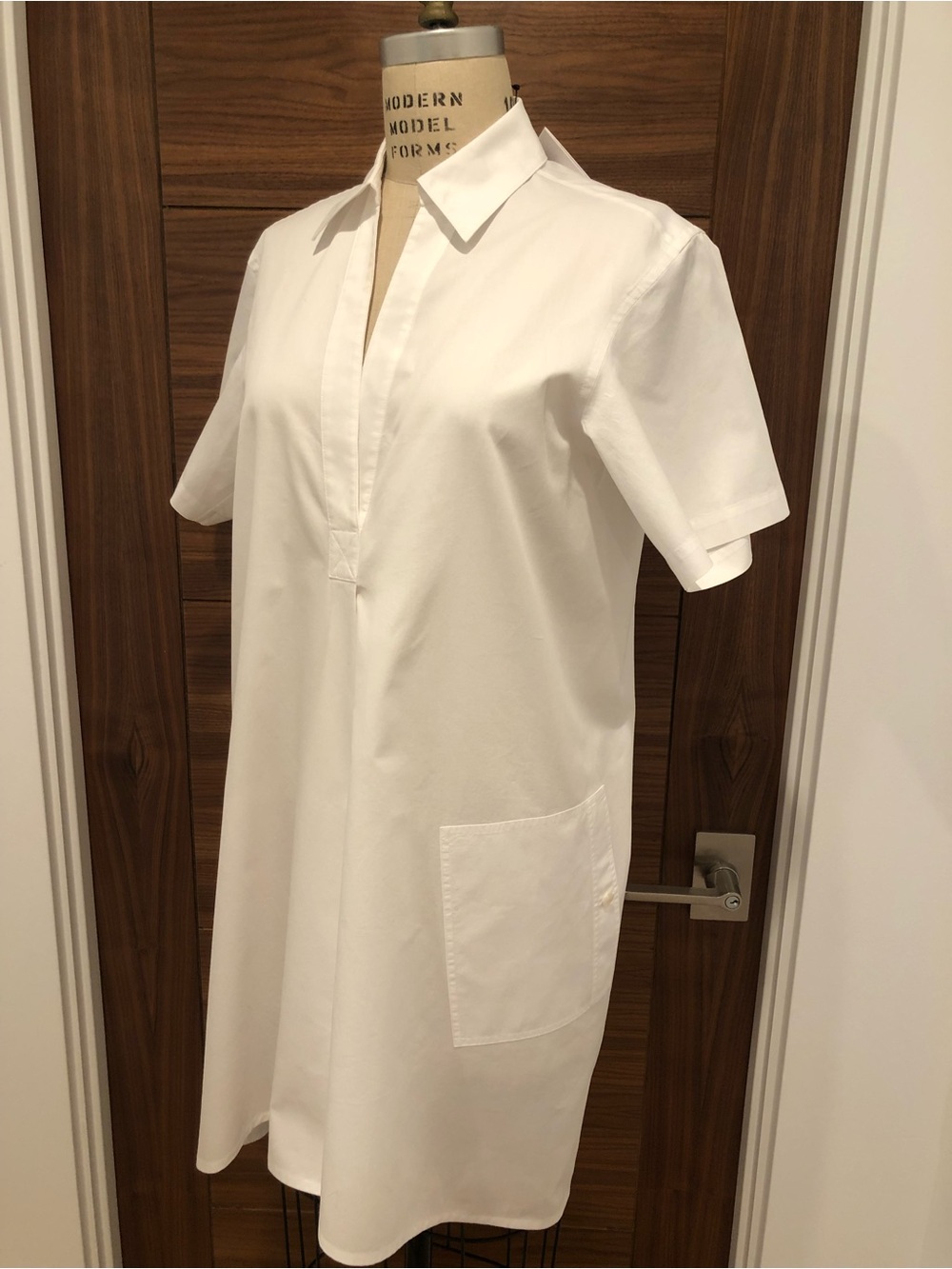 Minimal White Collared Midi Dress with Patch Pocket